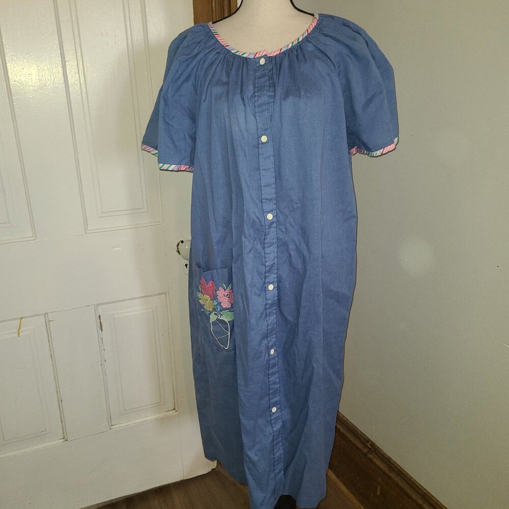 Smart Time VTG 80s House Coat Robe Snap Close Short Sleeve Blue Pocket 3X